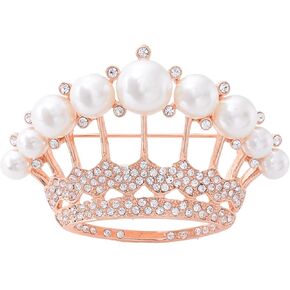 Large Gold Tone Crystal Queen Crown Pin Brooch With Pearl Wedding Bridal Pin