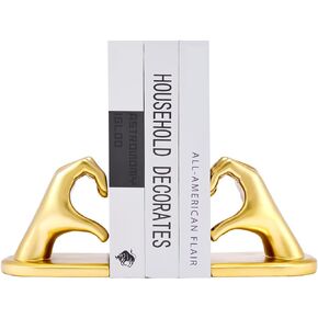 Gold Bookends, Book Ends for Shelves, Heavy Duty Bookend Holder, Book Stopper Holder, Resin Finger Heart Shaped, Golden Decorative Bookends for Desktop Bedroom Study Room