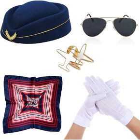 5 Pcs Flight Attendant Costume Accessories Stewardess Costume for Women Flight Attendant Hat Pin Gloves Sunglasses Neck Scarf for Cosplay