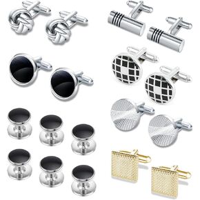 مجموعة 18 قطعة من أزرار الأكمام وأزرار القميص للرجال، أزرار أكمام كلاسيكية باللون الفضي والأسود المربعة CZ، أزرار أكمام مستطيلة، أزرار أكمام للرجال لحفلات الزفاف والعريس، هدية أنيقة للأعمال in Kuwait