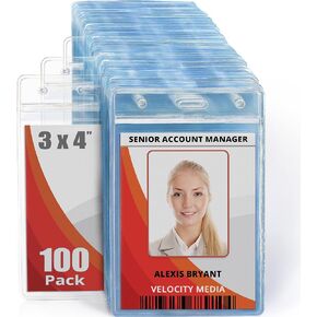 MIFFLIN Large (L) Vertical ID Badge Holders (Clear, 3x4 inch, 100 Pack), Plastic Nametag Covers with Zipper, Name Tag Holder
