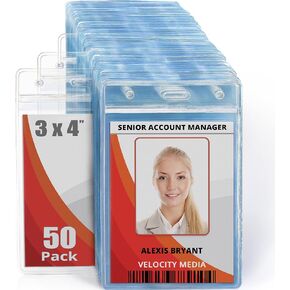 حاملات شارات الهوية الرأسية الكبيرة (L) من MIFFLIN (شفافة، 3x4 بوصة، 100 حزمة)، أغطية بطاقات الاسم البلاستيكية مع سحاب، حامل بطاقة الاسم