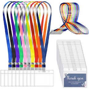 Yinder 100 Sets Lanyard with ID Holders Colorful Lanyards with Waterproof ID Card Holders Plastic Clear Name Tags Badge Holder with Lanyard for Adults Business Church Conferences