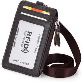 Badge Holder with Zipper Genuine Leather RFID Keychain Wallet Neck Lanyards with Swivel Hook for Card/Coin/Cash, Black