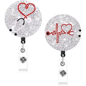 Prasacco 2 Pieces Rhinestone Nurse Badge Reel Retractable, Bling Nurse ID Badge Holder with Clip Diamond Heart Badge Reel Name Card Badge Reel Nursing Badge Holder for Nurse Students Doctor Gift