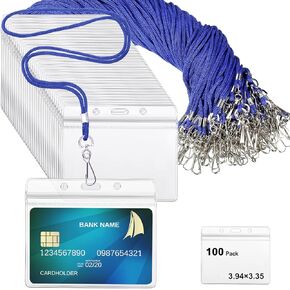 Marspark 100 Pieces Lanyards for ID Badges, Clear Plastic Horizontal Name Badge ID Card Holders, Flat Neck Lanyards with Swivel Hook for Women Men Staff Teacher School Office Supplies(Black)