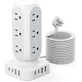 Tower Surge Protector Power Strip, Ultra Thin 10FT Flat Extension Cord with Multiple Outlets, 12 AC Outlets & 8 USB Ports (4 USB C), 4.8A Total Charging Station for Home Office Dorm Room