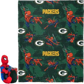 Northwest Official NFL Green Back Packers & Spider Man Wall Crawl Character Hugger Pillow & Silk Touch Throw Set, 40" x 50"