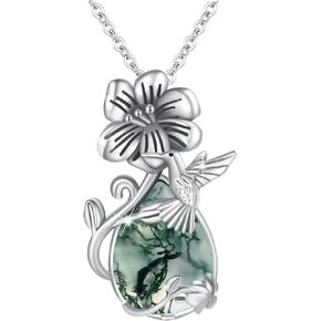 OHAYOO Hummingbird Necklace 925 Sterling Silver Moss Agate Hummingbird Pendant Necklace Hummingbird Jewelry Bird Gifts for Bird Lovers Women