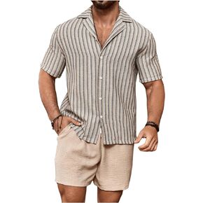 WDIRARA Men's 2 Piece Outfits Striped Short Sleeve Lapel Collar Shirts and Drawstring Shorts with Pockets