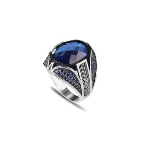 925 Sterling Silver Men Silver Ring with Sapphire GemStone, Handmade Engraved Silver Ring, Gift for him, Minimalist Silver Ring (6.5)