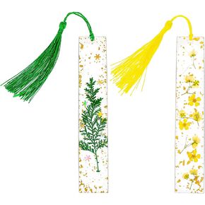 cobee Resin Dried Flower Bookmark, 2 Pieces Transparent Pressed Flower Bookmark Handmade Floral Page Marker with Tassel Cute Bookmark for Women Kids Book Lovers Gift(Green+Yellow)