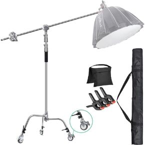 EACHSHOT C Stand Metal w/Bag Wheel Sandbag Clip Max 10.8ft/330cm with 106cm Holding Arm 2 Pieces Grip Head for Godox AD400 Pro AD600 Pro AD600BM Aputure 120D 300D II for Photography Studio in Saudi Arabia