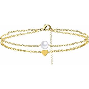 14K Gold Plated Layered Satellite Beads Heart Anklets Layering Boho Pearl Anklet Gold Love Heart Anklet Chain Vintage Foot Chain Jewelry for Women