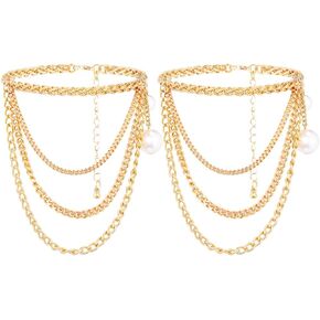 Layered Anklets Pearl Tassel High Heel Anklet Boho Ankle Bracelets for Women and Girls 2 Pcs