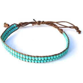 سوار الكاحل بوهو بيتش - رباط مطرز بالخرز - خرز بلون فيروزي مزدوج الصف - مكرامية قابلة للتعديل، من 6 إلى 11 بوصة in Kuwait