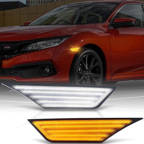 Gempro Switchback LED مصابيح جانبية LED بديلة لمصابيح إشارة الانعطاف المتتابعة لـ 2016-2021 Honda Civic باللون الأبيض والعنبر الديناميكي المصد الأمامي عاكس الضوء الشفاف، عبوتان in Kuwait