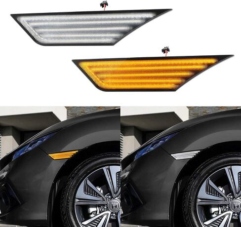 Gempro Switchback LED مصابيح جانبية LED بديلة لمصابيح إشارة الانعطاف المتتابعة لـ 2016-2021 Honda Civic باللون الأبيض والعنبر الديناميكي المصد الأمامي عاكس الضوء الشفاف، عبوتان in Kuwait