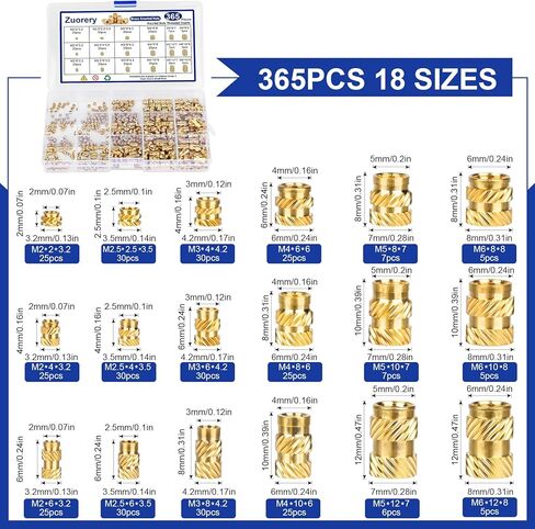 365 قطعة من إدراجات مترابطة، M2 M2.5 M3 M4 M5 M6 مجموعة متنوعة من المكسرات المخروطية المترية، إدراج مجموعة الحرارة النحاسية لمكونات الطباعة ثلاثية الأبعاد والأجزاء البلاستيكية in Kuwait