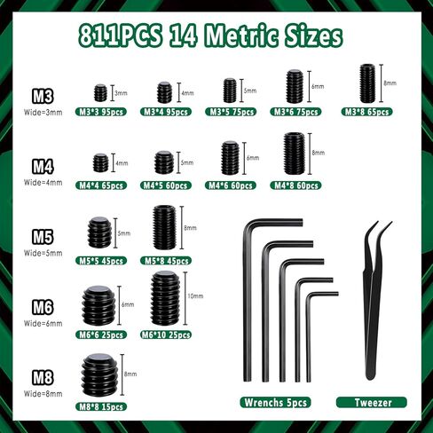 1327 قطعة 26 مقاسًا متريًا ومجموعة SAE مجموعة متنوعة من البراغي، مجموعة براغي ألين للمحرك السداسي الداخلي، 12.9 براغي سوداء من سبائك الصلب بنقطة كوب، M3 إلى M8، 1/8-40 إلى 5/16-18 in Kuwait