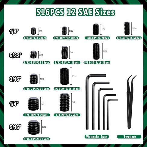 1327 قطعة 26 مقاسًا متريًا ومجموعة SAE مجموعة متنوعة من البراغي، مجموعة براغي ألين للمحرك السداسي الداخلي، 12.9 براغي سوداء من سبائك الصلب بنقطة كوب، M3 إلى M8، 1/8-40 إلى 5/16-18 in Kuwait