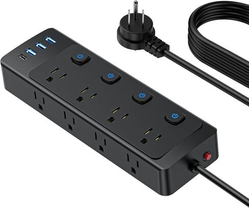 Power Strip with Individual Switches, 8 Widely Outlets with 4 USB Ports, 5.8 FT Extension Cord, Wall Mount, FCC Certification, Desk Charging Station for Home Office Dorm Room-Black in Saudi Arabia