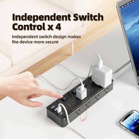 Power Strip with Individual Switches, 8 Widely Outlets with 4 USB Ports, 5.8 FT Extension Cord, Wall Mount, FCC Certification, Desk Charging Station for Home Office Dorm Room-Black in Saudi Arabia
