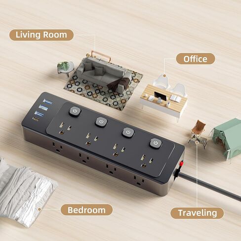 Power Strip with Individual Switches, 8 Widely Outlets with 4 USB Ports, 5.8 FT Extension Cord, Wall Mount, FCC Certification, Desk Charging Station for Home Office Dorm Room-Black in Saudi Arabia