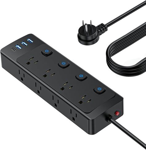 Power Strip with Individual Switches, 8 Widely Outlets with 4 USB Ports, 5.8 FT Extension Cord, Wall Mount, FCC Certification, Desk Charging Station for Home Office Dorm Room-Black in Saudi Arabia