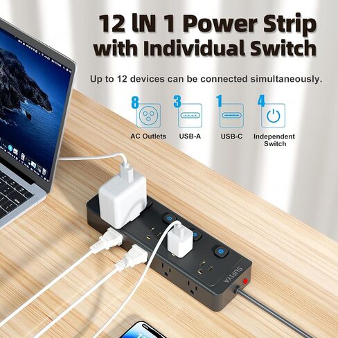 Power Strip with Individual Switches, 8 Widely Outlets with 4 USB Ports, 5.8 FT Extension Cord, Wall Mount, FCC Certification, Desk Charging Station for Home Office Dorm Room-Black in Saudi Arabia