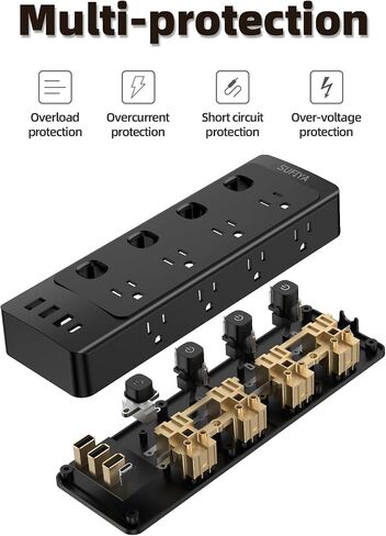 Power Strip with Individual Switches, 8 Widely Outlets with 4 USB Ports, 5.8 FT Extension Cord, Wall Mount, FCC Certification, Desk Charging Station for Home Office Dorm Room-Black in Saudi Arabia