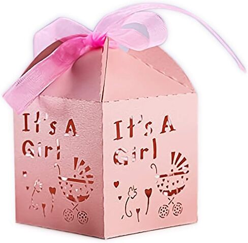 50pcs Laser Cut Baby Carriage Favor Box Bomboniere Gift Candy Boxes Baby Shower Party Decoration, 2.2 x 2.2 x 2.2 Inches (Pink) in Saudi Arabia