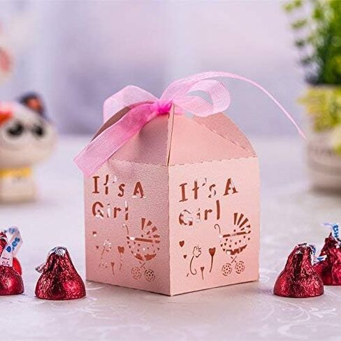 50pcs Laser Cut Baby Carriage Favor Box Bomboniere Gift Candy Boxes Baby Shower Party Decoration, 2.2 x 2.2 x 2.2 Inches (Pink) in Saudi Arabia