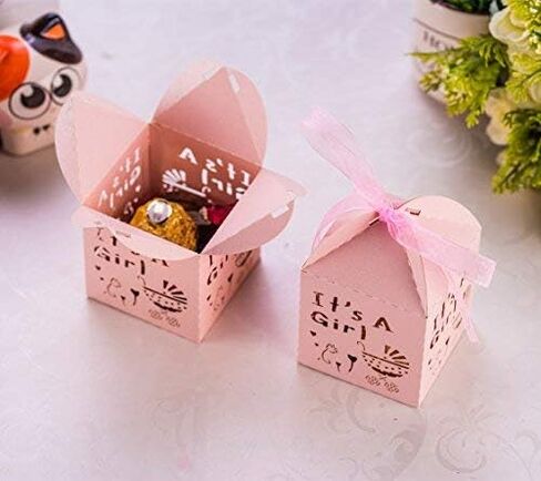 50pcs Laser Cut Baby Carriage Favor Box Bomboniere Gift Candy Boxes Baby Shower Party Decoration, 2.2 x 2.2 x 2.2 Inches (Pink) in Saudi Arabia