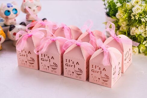 50pcs Laser Cut Baby Carriage Favor Box Bomboniere Gift Candy Boxes Baby Shower Party Decoration, 2.2 x 2.2 x 2.2 Inches (Pink) in Saudi Arabia