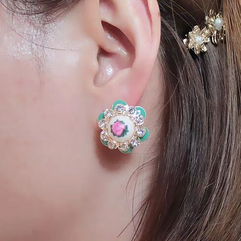 Vintage Classic Enamel Rose Stud Earrings Elegant Button Style 3D Rose Flower Hypoallergenic Pierced Stud Earrings for Women Girls in Kuwait
