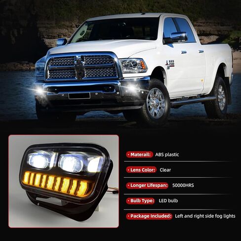 مصابيح الضباب LED&DRL متوافقة مع 2009-2012 دودج رام 1500/2010-2018 دودج رام 2500 3500 زوج واحد من مصباح الضباب الأمامي مع أضواء الجري النهارية (أبيض) وأضواء إشارة الانعطاف (العنبر) in Kuwait