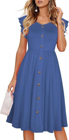 Lamilus Women's 2026 Summer Casual Swing Knee-Length Dress: V-Neck Ruffle Sleeves, Front Button Down with Side Pockets in Kuwait