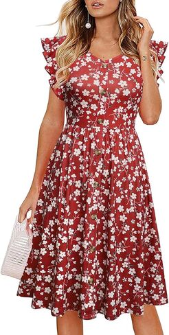 Lamilus Women's 2026 Summer Casual Swing Knee-Length Dress: V-Neck Ruffle Sleeves, Front Button Down with Side Pockets in Kuwait