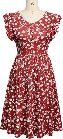 Lamilus Women's 2026 Summer Casual Swing Knee-Length Dress: V-Neck Ruffle Sleeves, Front Button Down with Side Pockets in Kuwait