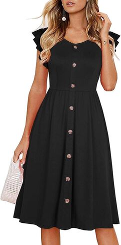 Lamilus Women's 2026 Summer Casual Swing Knee-Length Dress: V-Neck Ruffle Sleeves, Front Button Down with Side Pockets in Kuwait
