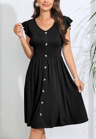 Lamilus Women's 2026 Summer Casual Swing Knee-Length Dress: V-Neck Ruffle Sleeves, Front Button Down with Side Pockets in Kuwait