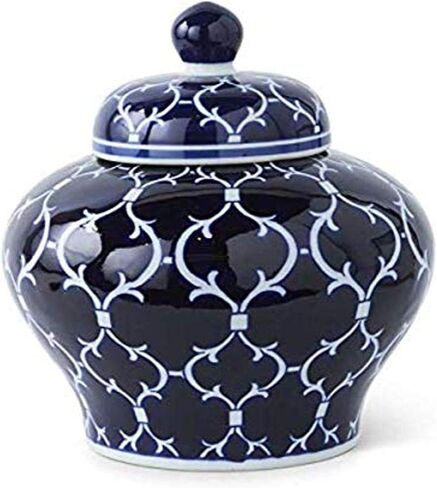 K&K Interiors 14187A برطمان زنجبيل سيراميك بغطاء مقاس 10 بوصة مع تصميم أزرق/أبيض in Kuwait