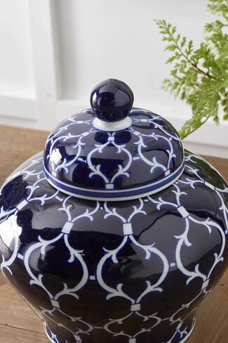 K&K Interiors 14187A برطمان زنجبيل سيراميك بغطاء مقاس 10 بوصة مع تصميم أزرق/أبيض in Kuwait