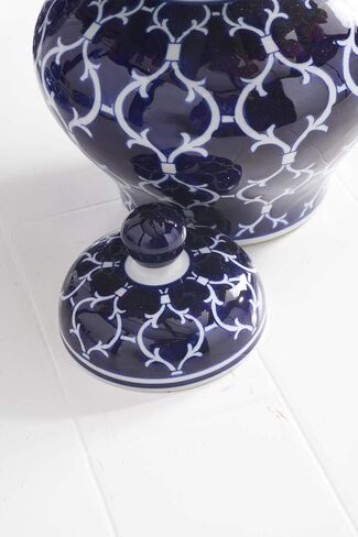 K&K Interiors 14187A برطمان زنجبيل سيراميك بغطاء مقاس 10 بوصة مع تصميم أزرق/أبيض in Kuwait