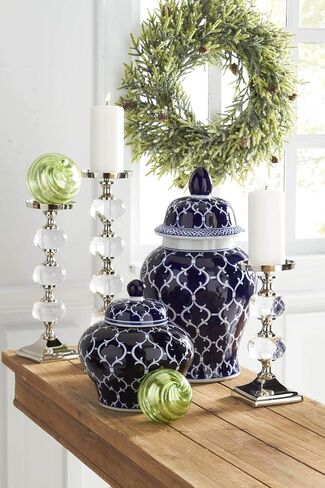 K&K Interiors 14187A برطمان زنجبيل سيراميك بغطاء مقاس 10 بوصة مع تصميم أزرق/أبيض in Kuwait