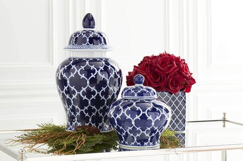 K&K Interiors 14187A برطمان زنجبيل سيراميك بغطاء مقاس 10 بوصة مع تصميم أزرق/أبيض in Kuwait