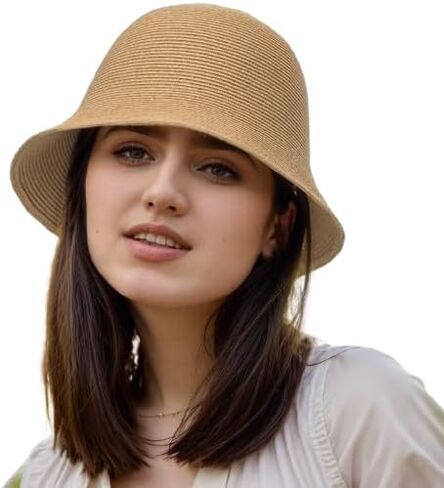 Women Crochet-Straw Beach-Sun-Hat Short-Brim Sun-Protection Bucket-Hat Foldable,Portable,Trendy for Summer Travel in Saudi Arabia