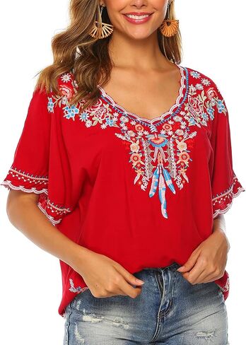 LauraKlein Women’s Embroidered Tops Short Sleeve Shirts Traditional Pattern of Feathers and Flowers Ethnic Style Blouse in Saudi Arabia