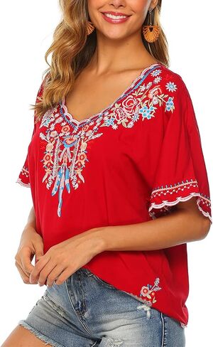 LauraKlein Women’s Embroidered Tops Short Sleeve Shirts Traditional Pattern of Feathers and Flowers Ethnic Style Blouse in Saudi Arabia